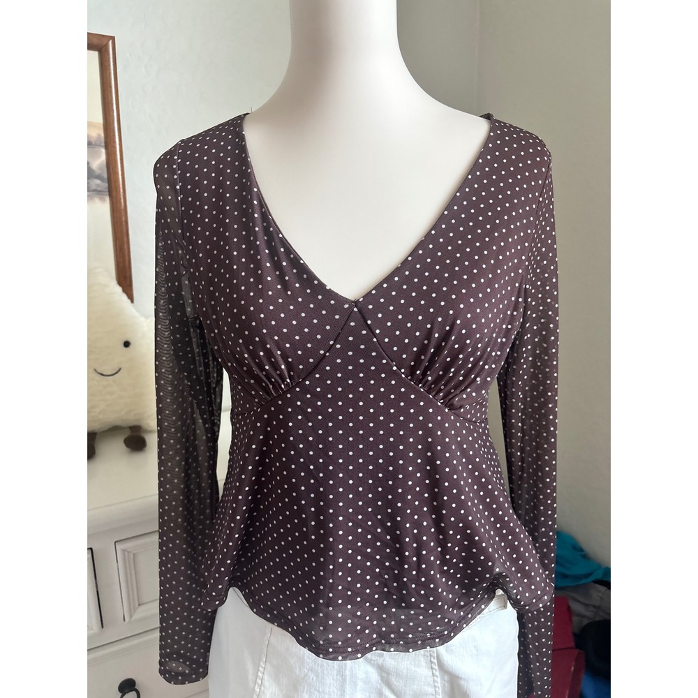 Polka Dot Mesh Top Brown Sheer Long Sleeve Y2K Coquette Babydoll V-Neck Medium